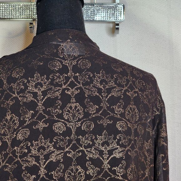 Chico's Dark Brown Gold Silk Foil Sheer Floral Print LS Blouse Chico Sz 3 US XL - Picture 13 of 16